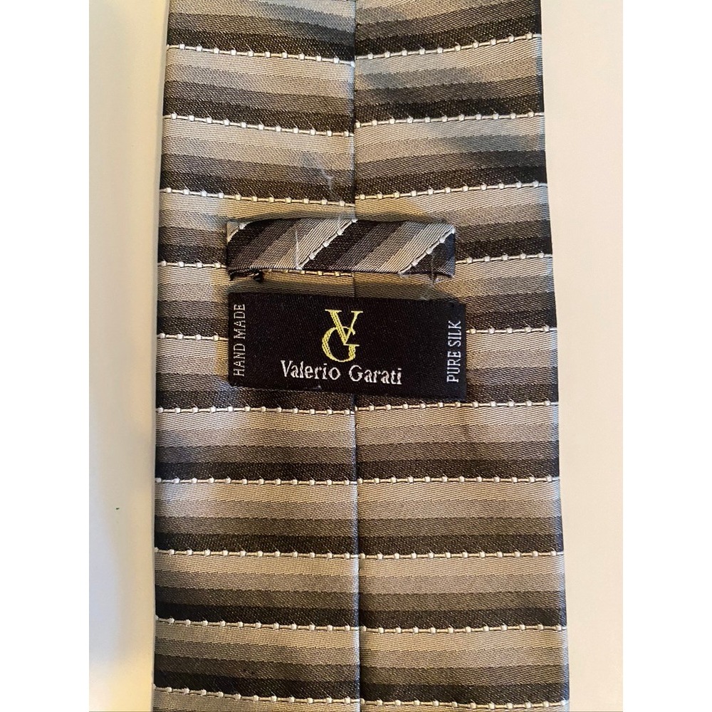 Valerio Garati Mens Pure Silk Tie Grey Black Silver Striped Hand Made Business
